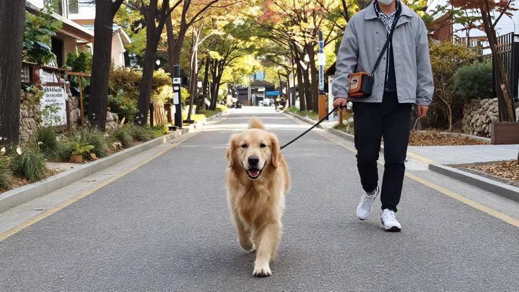 동네 길을 산책하는 강아지